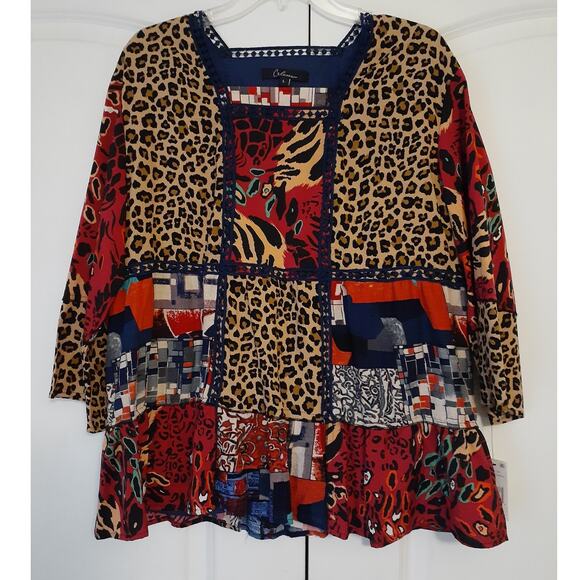 Calessa Mixed Print Patchwork Blouse Shirt L NEW Boho Cottagecore Animal Print - Picture 1 of 5